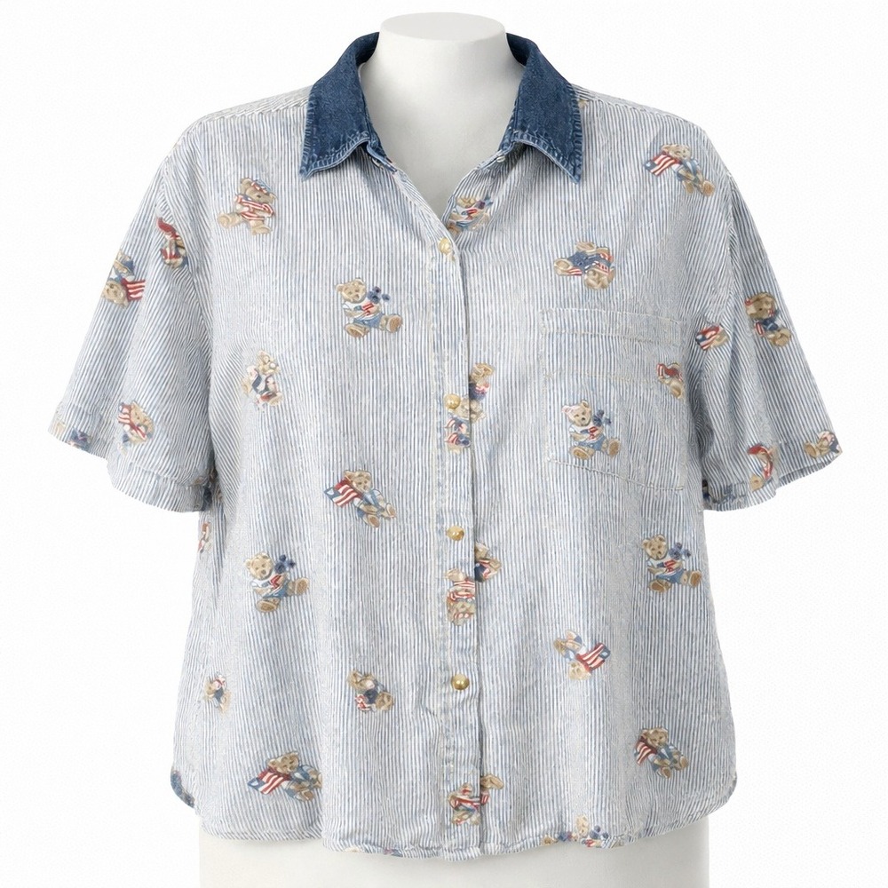 Vintage Quizz Again 90s Womens Striped‎ Denim Shirt Size M Blue Cottagecore Bear